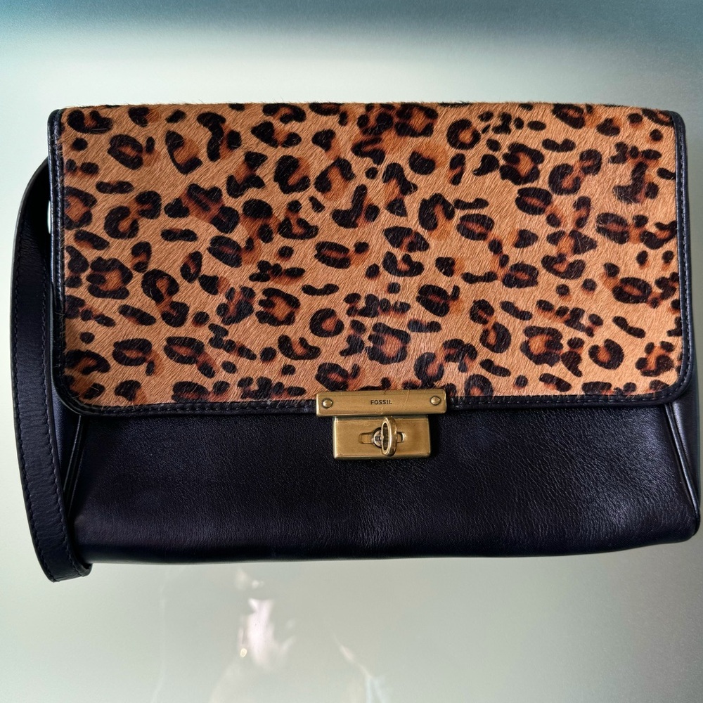 Fossil Black Leather Clutch Handbag Leopard Print - image 1